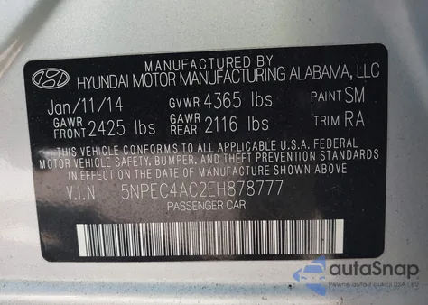 2014 Hyundai Sonata Limited z USA, uszkodzony, nr VIN 5NPEC4AC2EH878777